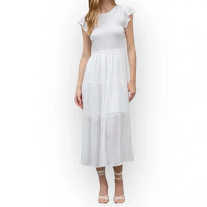 Blu Pepper Women's Smocked Ruffle Sleeve Tiered Midi Dress White Size M